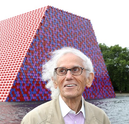 Artist Christo unveils his first UK outdoor work, a 20m high installation on Serpentine Lake, with accompanying exhibition at  at The Serpentine Gallery on June 18, 2018 in London, England.